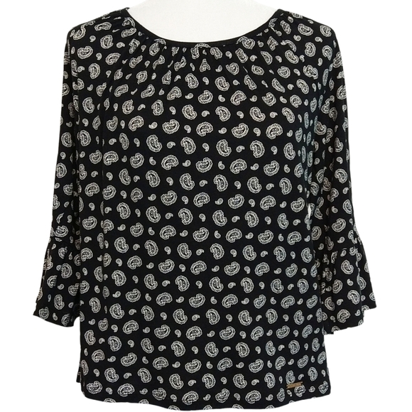 MICHAEL Michael Kors Black Bell Sleeve Paisley Print Blouse Boho Modern - Picture 1 of 6